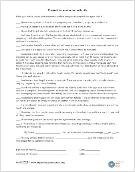 Reproductive Health Access Project Medication Abortion Consent Form 