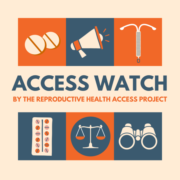Title page for Advocacy Watch podcast featuring title and icons of contraception, advocacy, pills, and binoculars. 